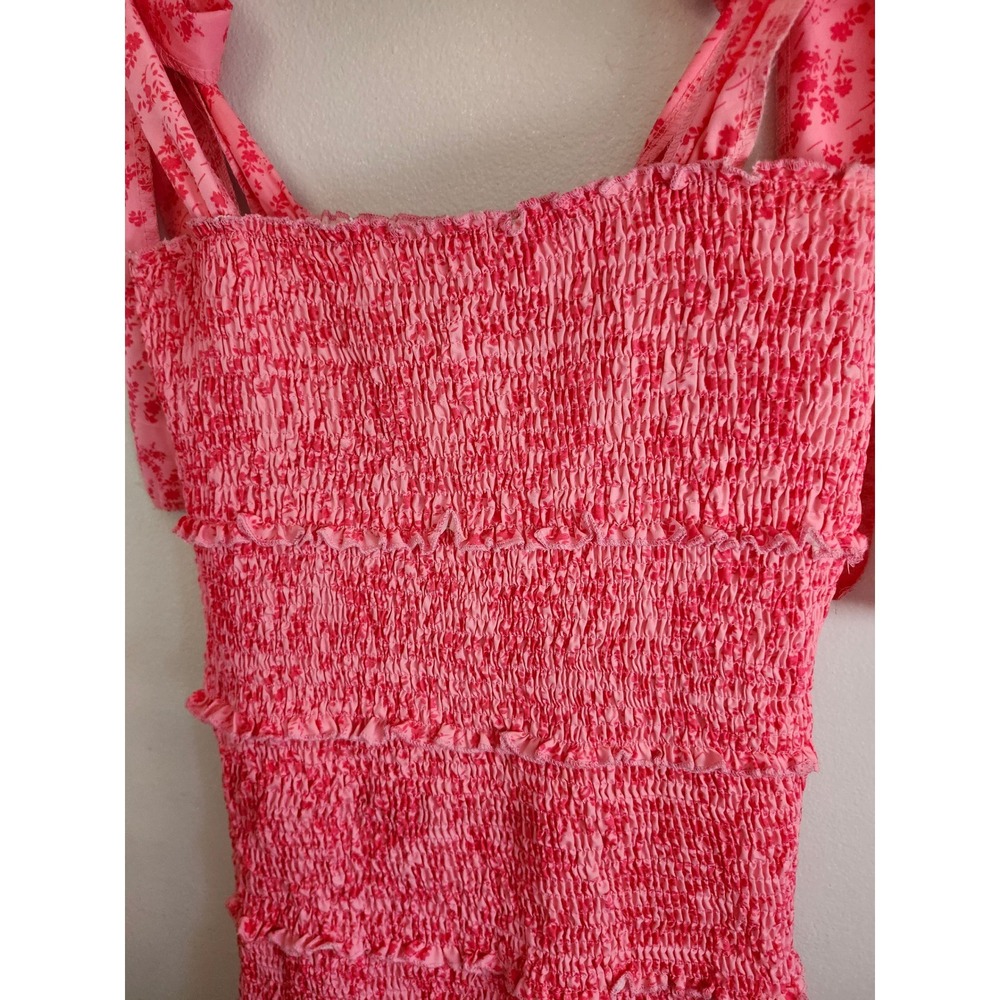 ChcMe Pink Floral Smocked Mini Dress Small Tie Shoulder Coquette Cottagecore 🌸 - Picture 3 of 12